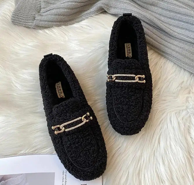 Luxury Sheep Fur Lined Loafers Women Lambswool Shoes Ladies Winter Slip On Furry Flats Cotton Wool Mocasine Femme Barefoot Boots