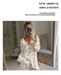 Summer New Love Heart Print Pyjama 100% Cotton Long Sleeve Set 2Pcs Outfit Lapel Sleepwear Button Down Women's Pajamas Nightwear