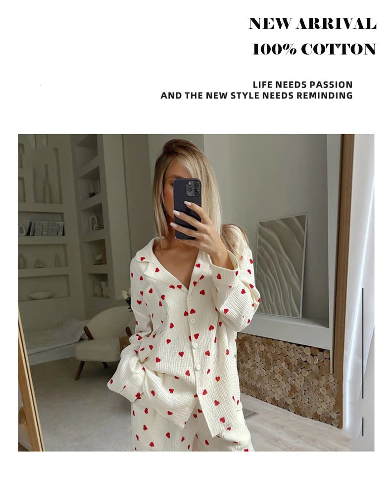 Summer New Love Heart Print Pyjama 100% Cotton Long Sleeve Set 2Pcs Outfit Lapel Sleepwear Button Down Women's Pajamas Nightwear