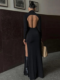 Women Black Solid Casual High Slit Long Sleeve Backless Maxi Dress Sexy Bodycon Half High Neck Streetwear Female Long Dresses