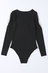 Black Rhinestone Fringed Cold Shoulder Long Sleeve Bodysuit