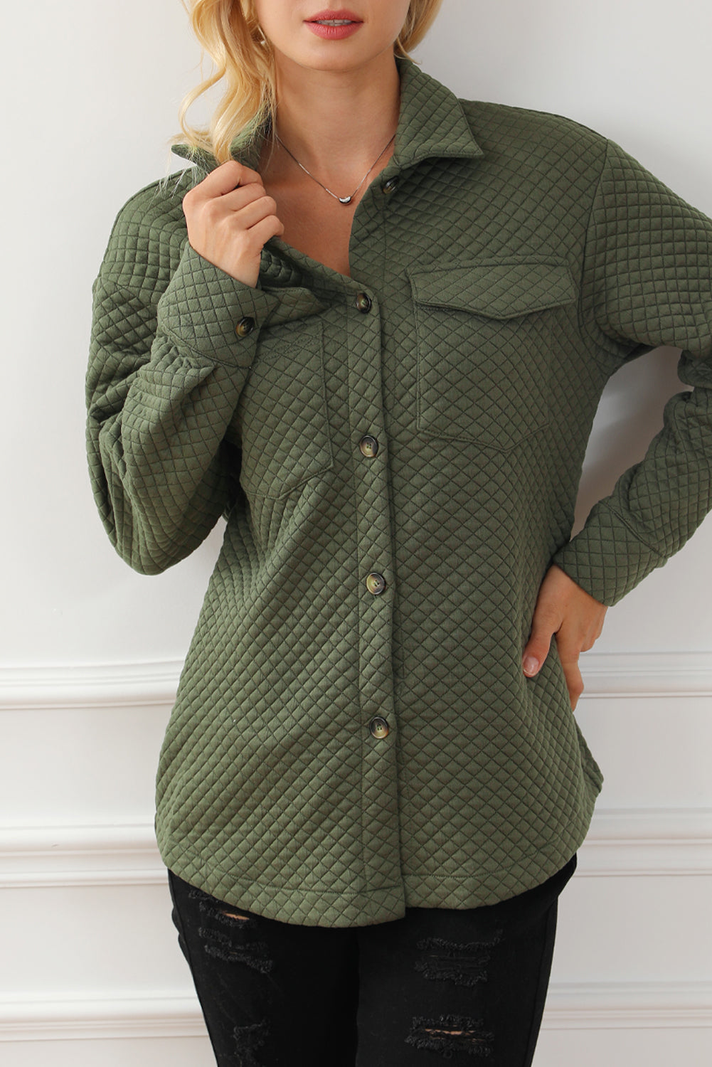 Green Retro Quilted Flap Pocket Button Shacket