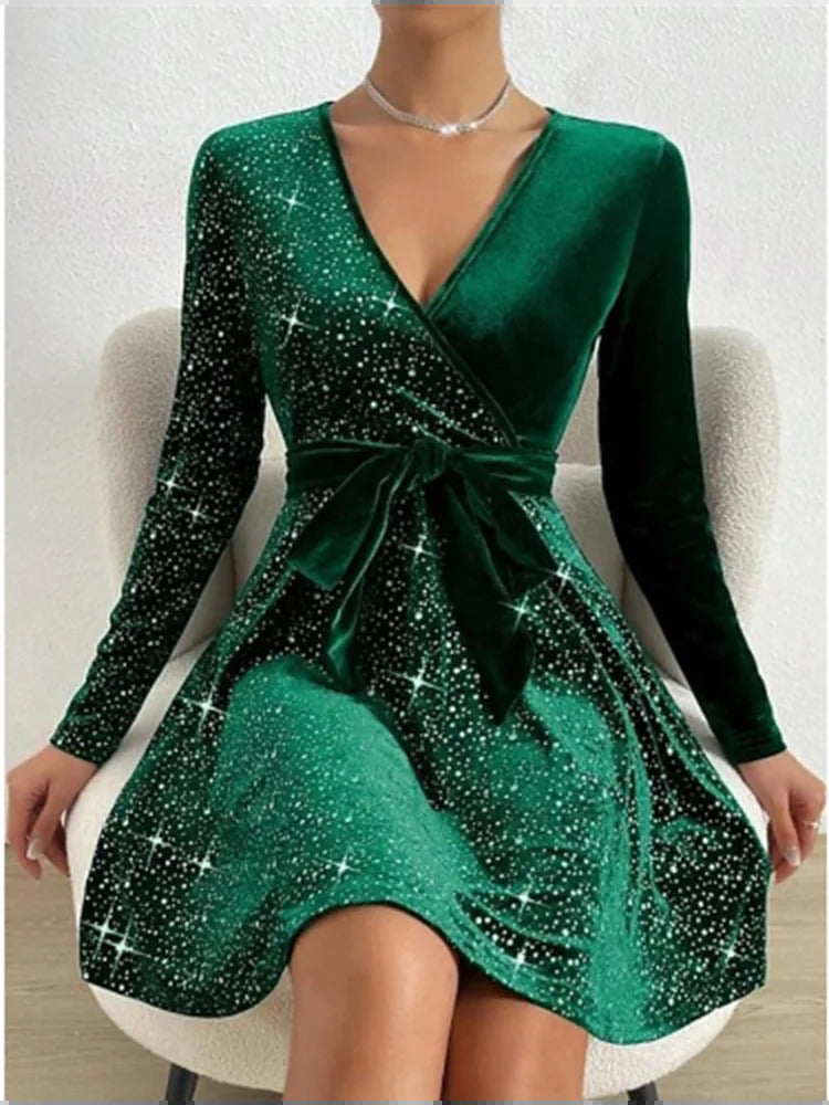 Sexy Deep V-Long Sleeved Sequined Dress Women's Party Solid Mini Dresses Elegant Autumn Evening Gown Dress