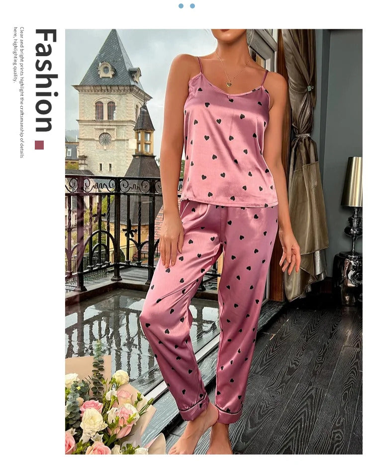 Women Satin Silk Pajamas Sets Letter Print Cami Vest Shirt With Trouser Sleepwear Ladie Sexy Pajama Lingerie Pyjamas Nightwear