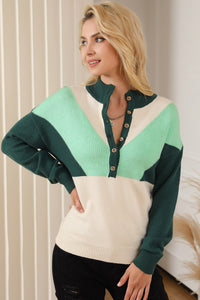 Multicolor Geometric Color Block Knit Button V Neck Sweater