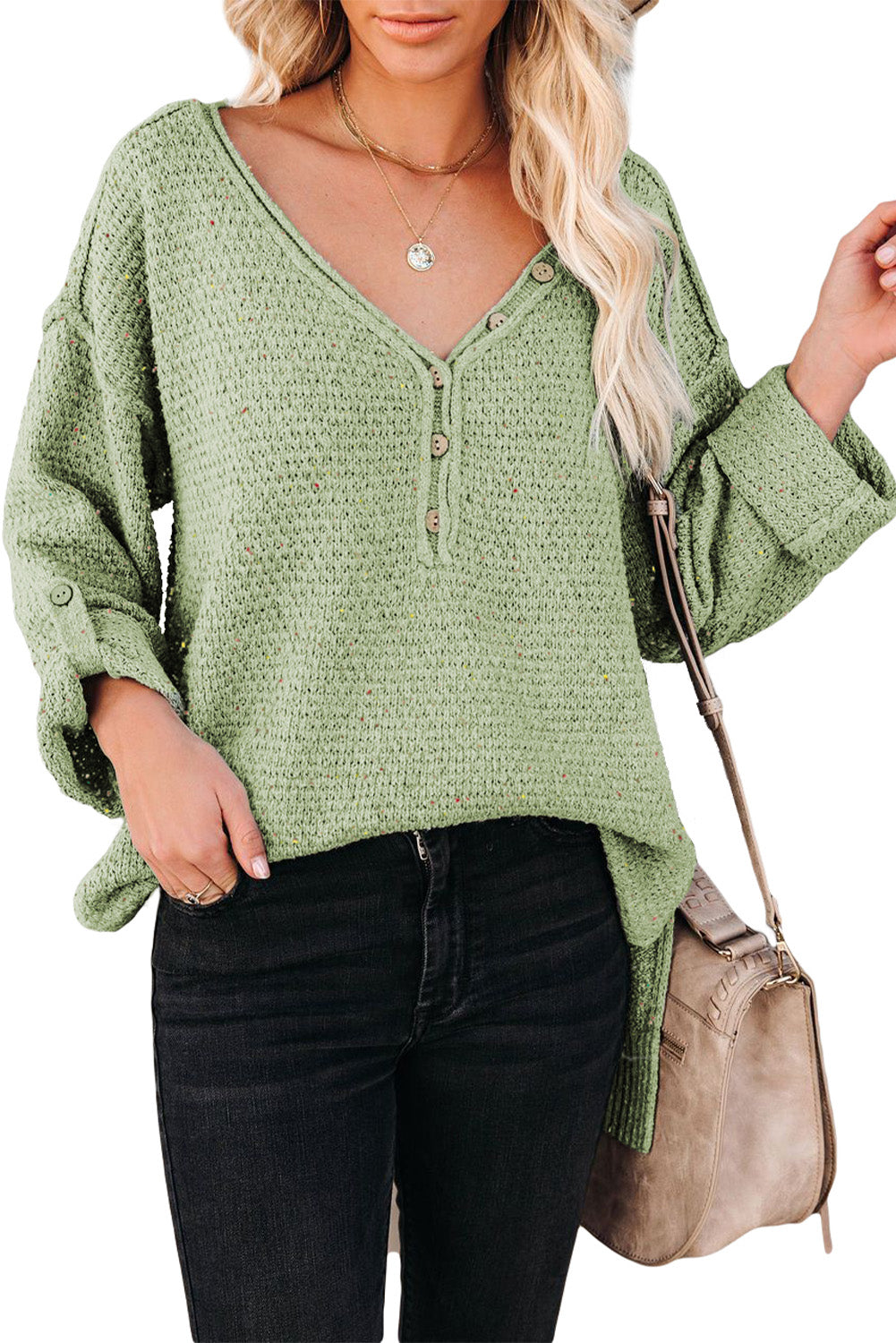 Green Buttoned Drop Shoulder Knitted Sweater