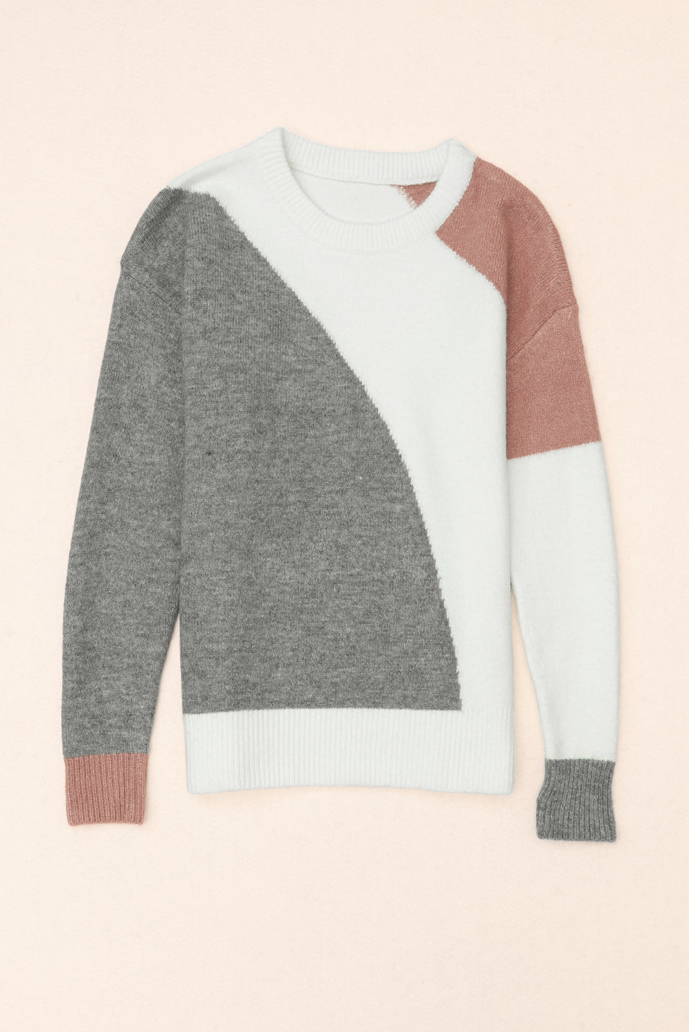 Gray Colorblock Ribbed Trim Round Neck Sweater