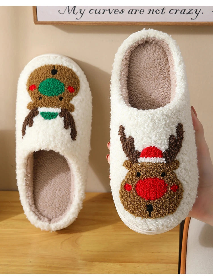 Christmas Elk Cotton Slippers for Women Men Winter Cute Cartoon Home Non Slip Couple Floor Slides Indoor Plush Shoes 20