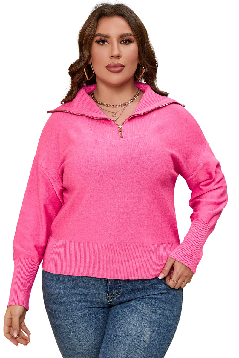 Rose Solid Ribbed Trim Plus Size Zip Collar Sweater