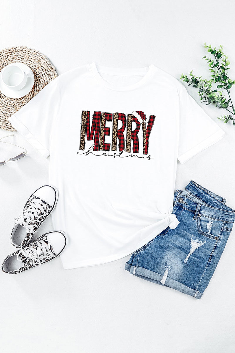 White Plaid Leopard MERRY Christmas Print T Shirt