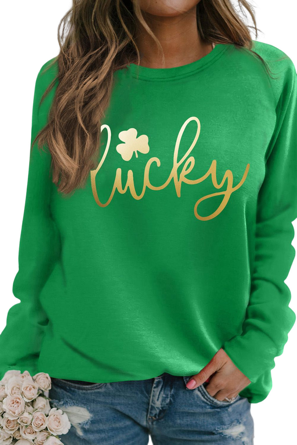 Green Lucky Glitter Graphic Raglan Sleeve Pullover Sweatshirt