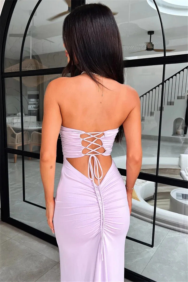 Mozision Strapless Backless Lace-up Maxi Dress For Women Summer New Off-shoulder Sleeveless Bodycon Club Party Long Dress