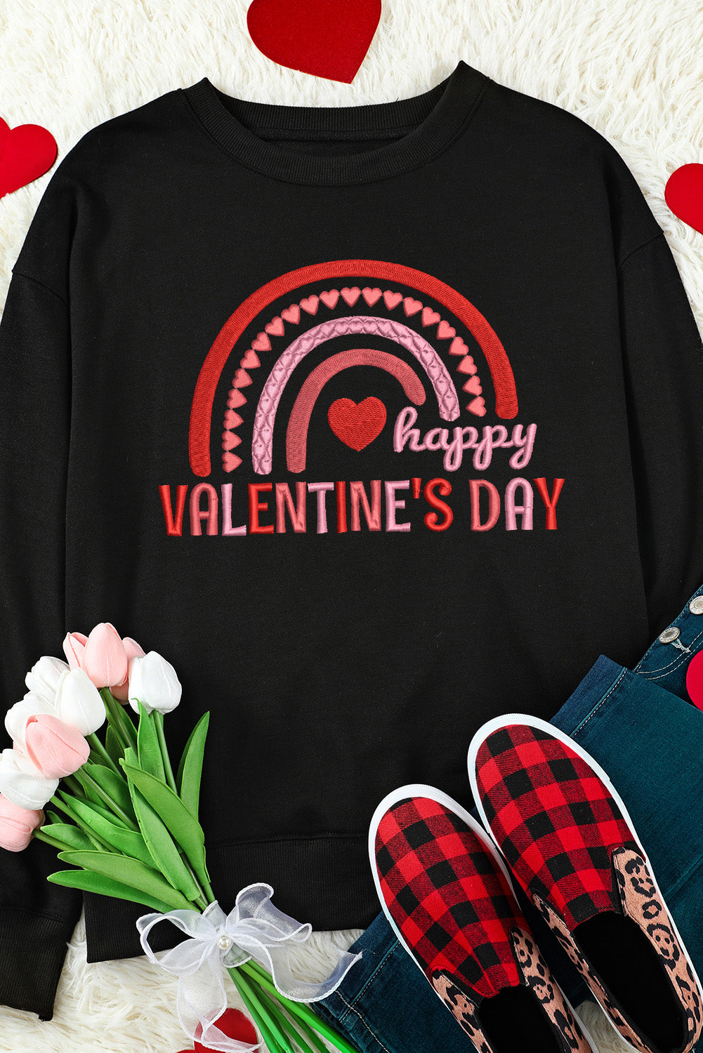 Black Happy Valentine's Day Graphic Embroidered Sweatshirt