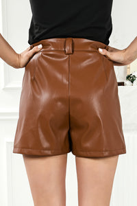 Brown Faux Leather Pleated Casual Shorts