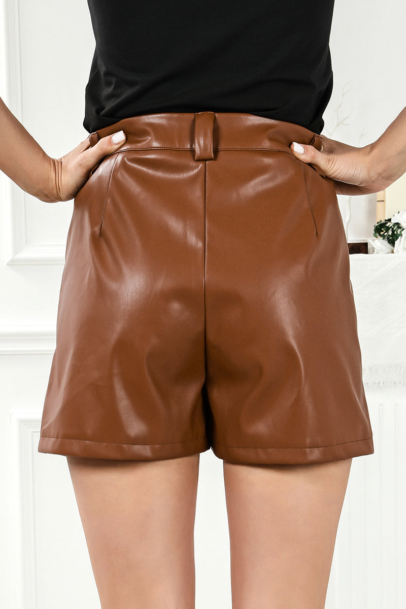 Brown Faux Leather Pleated Casual Shorts