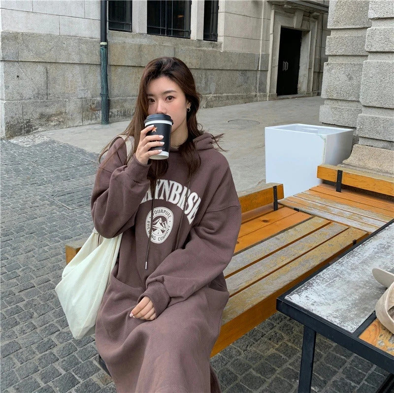 Long Hood Sweater Dress Women Autumn and Winter Fleece-lined Thickened Pullover Small Loose Mid-Length over-the-Knee Dress