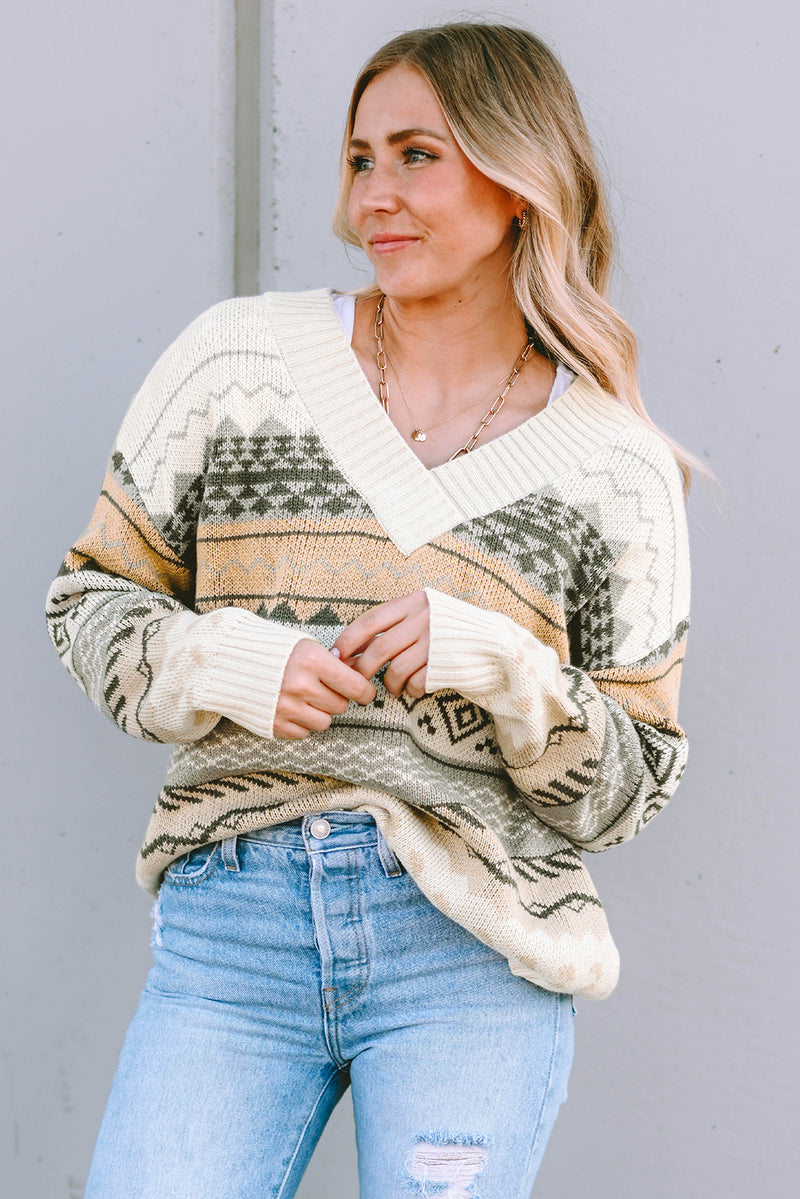 Khaki Geometric Print Ribbed Knitted V Neck Sweater