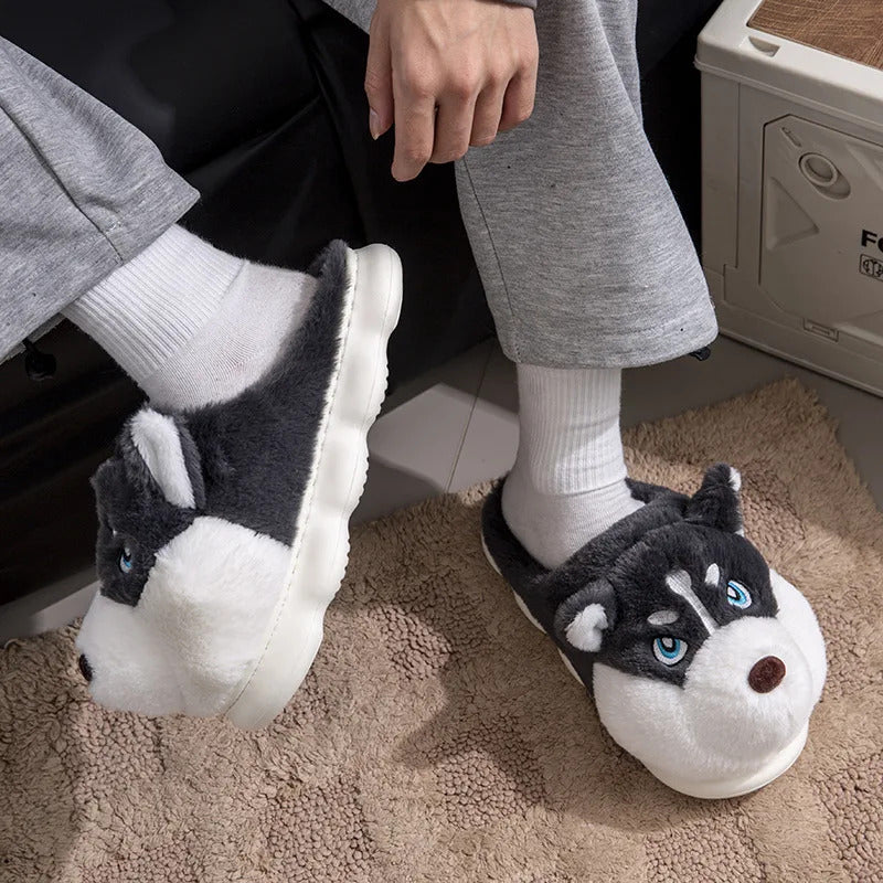 Women Indoor Cotton Slippers Cute Cartoon Dog Winter Warm Shoes Couples Home Floor Slides Anti-slip  Female Male House Footwear