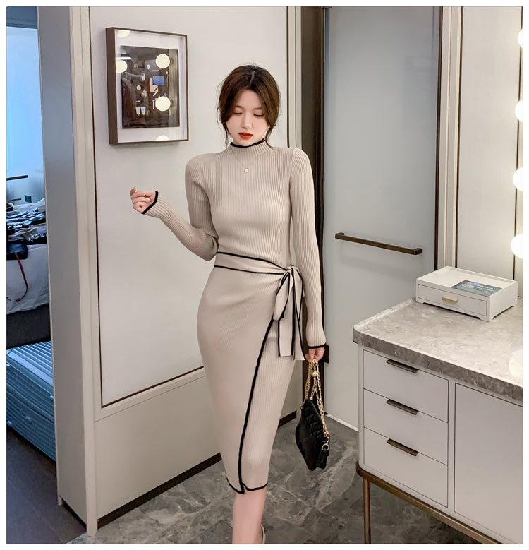 Women Knitted Dress New Autumn Winter Slim Lace-Up Long Sleeve Bottoming Sweater Skirt Elegant Fashion Office Female Vestidos