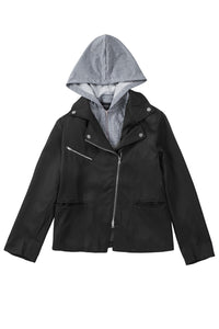 Black Notch Collar Detachable Hood Zipped Jacket