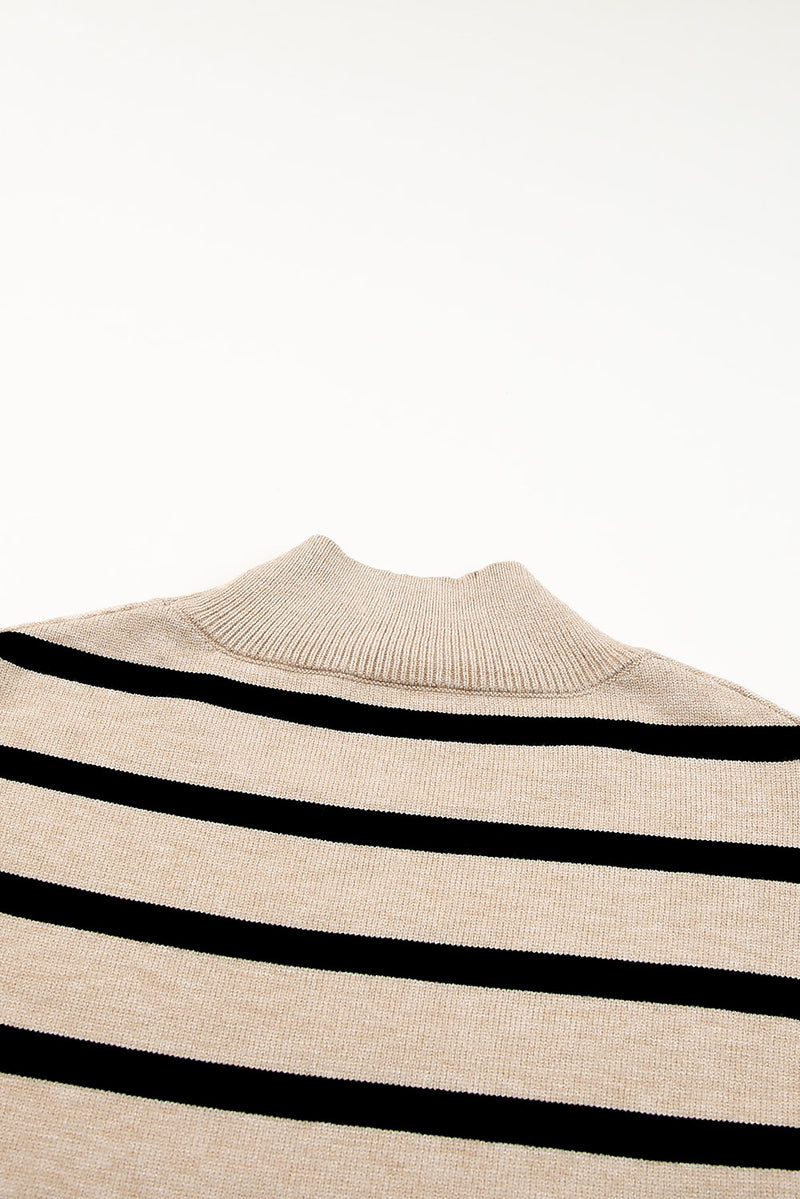 Khaki Striped Mock Neck Bell Sleeve Knit Sweater