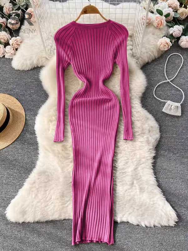 SINGREINY Winter Women Knit Maxi Dress O Neck Autumn Long Sleeve Slim Solid Harajuku Ladies Fashion Pencil Sweater Long Dresses