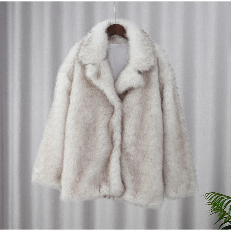 Solid Fluffy Faux Fur Women Thick Coat Fashion Warm Lapel Long Sleeve Short Jackets 2024 Winter Female Elegant Street Outerwear