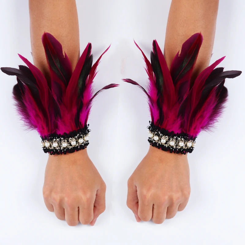 Gothic Rooster Feather Wrist Cuffs Natural Dyed Feather Arm Warmers Halloween Cosplay Party Rave Stage Performance Accessories