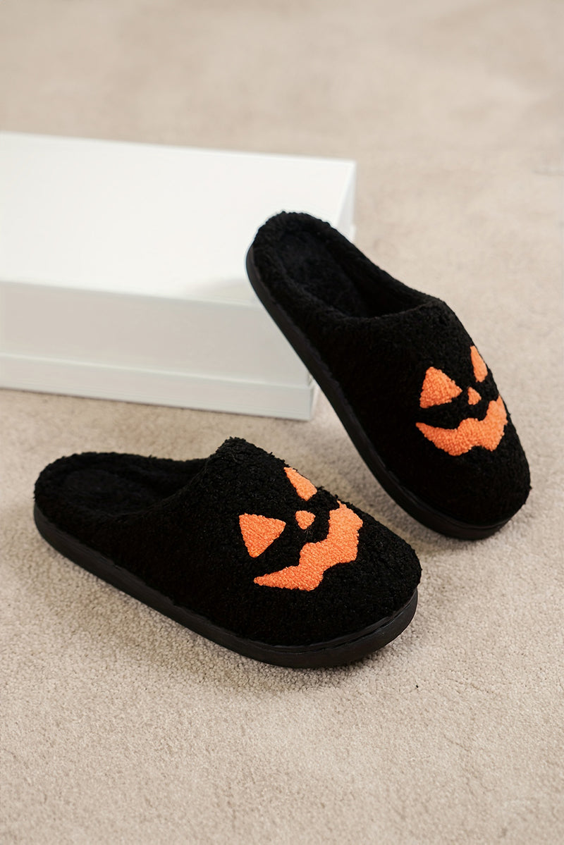 Black Halloween Pumpkin Face Graphic Plush Slippers