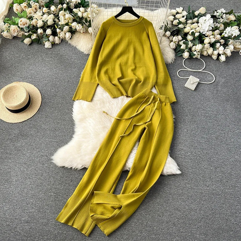 HELIAR Women Knitted Loose 2 Piece Sets Long Sleeve O-Neck Sweater and Wide Leg Pants Outfit Casual Office Set Autumn Winter