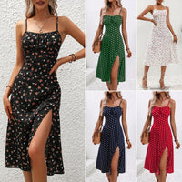 2024 Summer Sexy Spaghetti Straps Dress Women Fashion Polka Dot Print Sleeveless Slit Dress Boho Casual Beach Midi Dresses