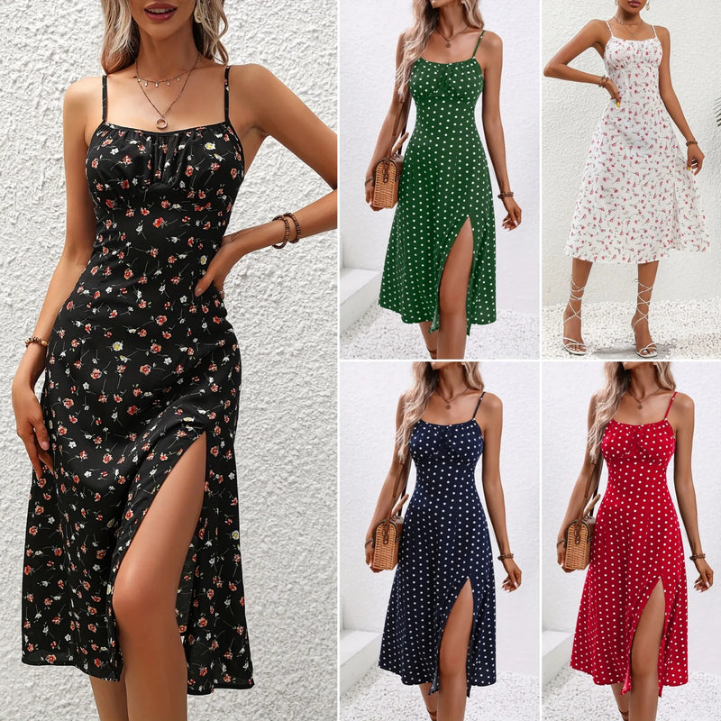 2024 Summer Sexy Spaghetti Straps Dress Women Fashion Polka Dot Print Sleeveless Slit Dress Boho Casual Beach Midi Dresses