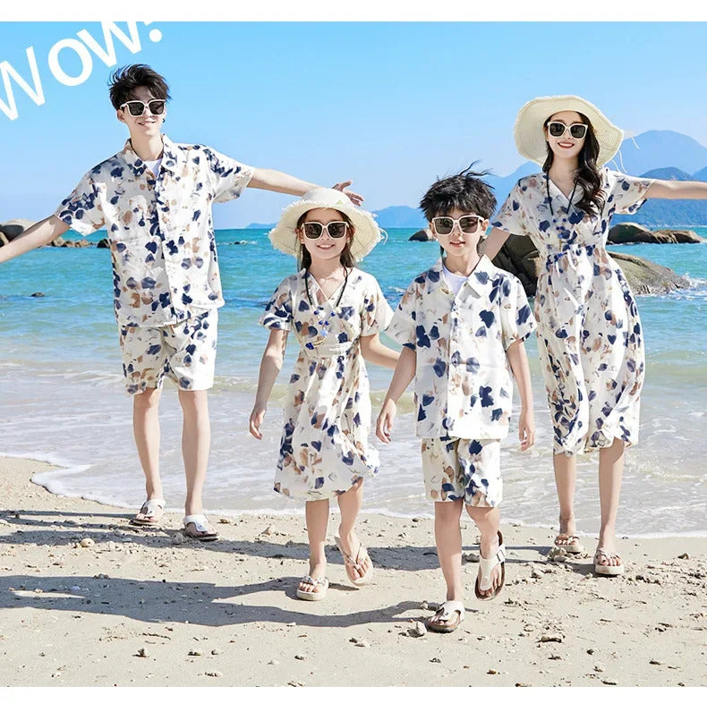 2024 Summer Holiday Family Vacation Look Clothes Dad and Son Shirts Two Piece Outfits Sets Mom and Daughter Short Sleeve Dress