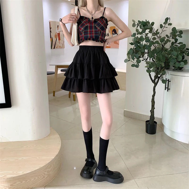 Pleated A-Line Skirt Women White Ruffle Sweet Tierred Pretty Style Skirt Elastic Waist Summer Slim Basic Korean Harajuku Dress