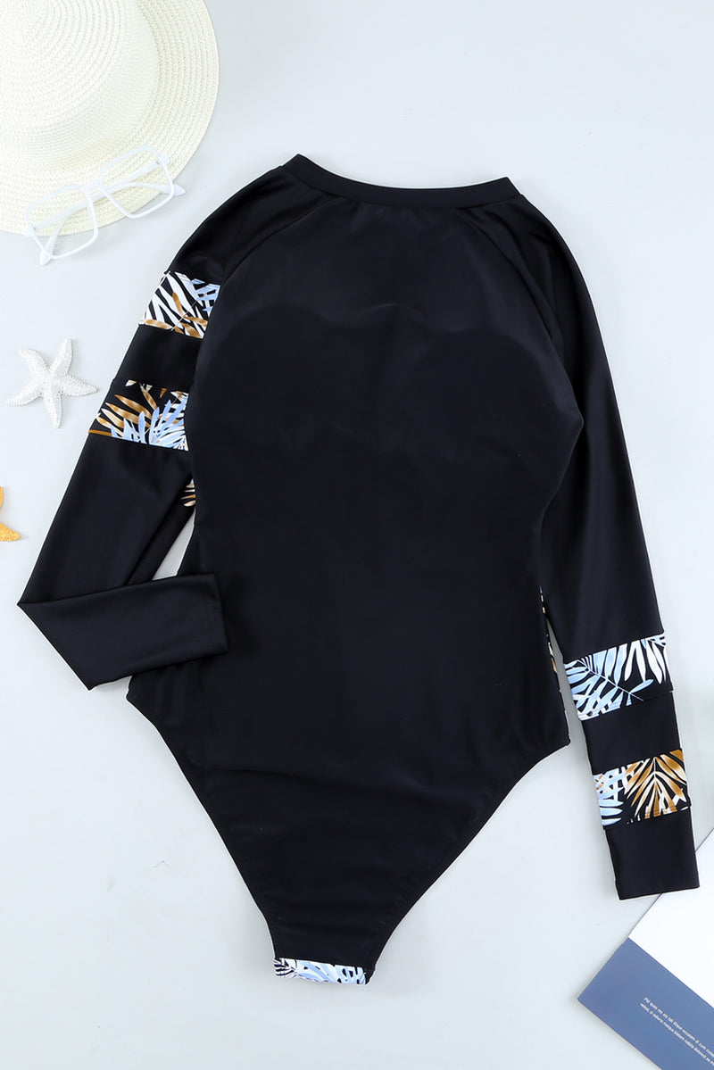 Leaves Print Zip-up Long Sleeve Surf Rash Guard Swimwear