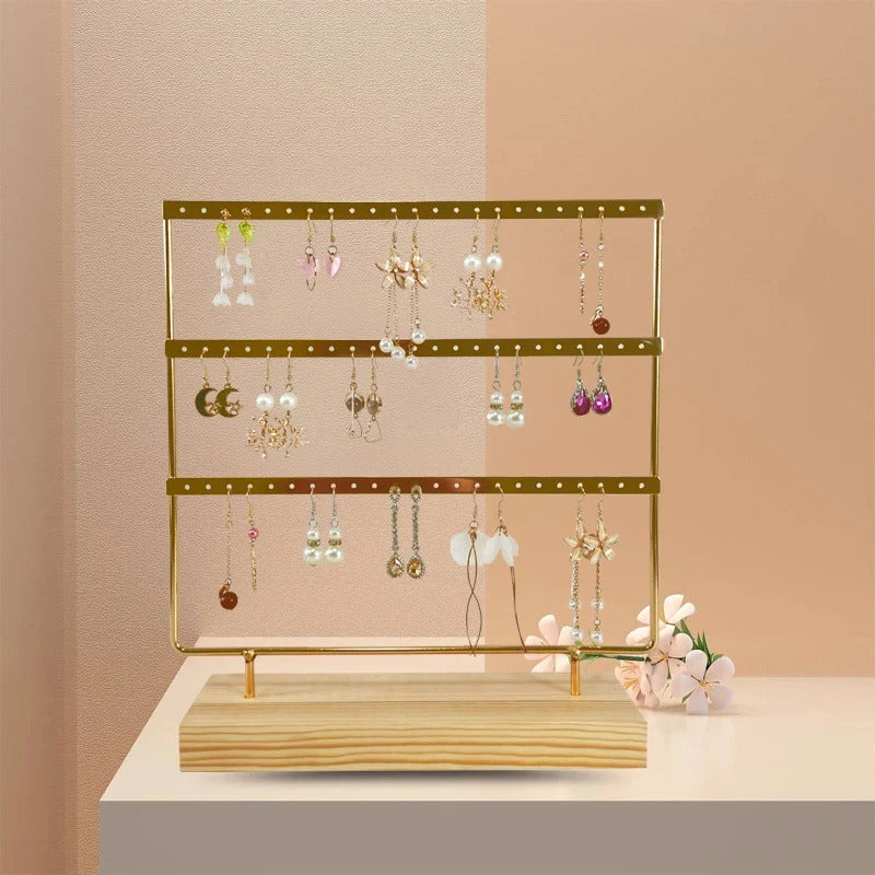 Earring Stand Wooden Base Jewelry Towel with Holes Hanging Jewelry Organizer Large Metal Holder for Earrings Ear Stud Necklace