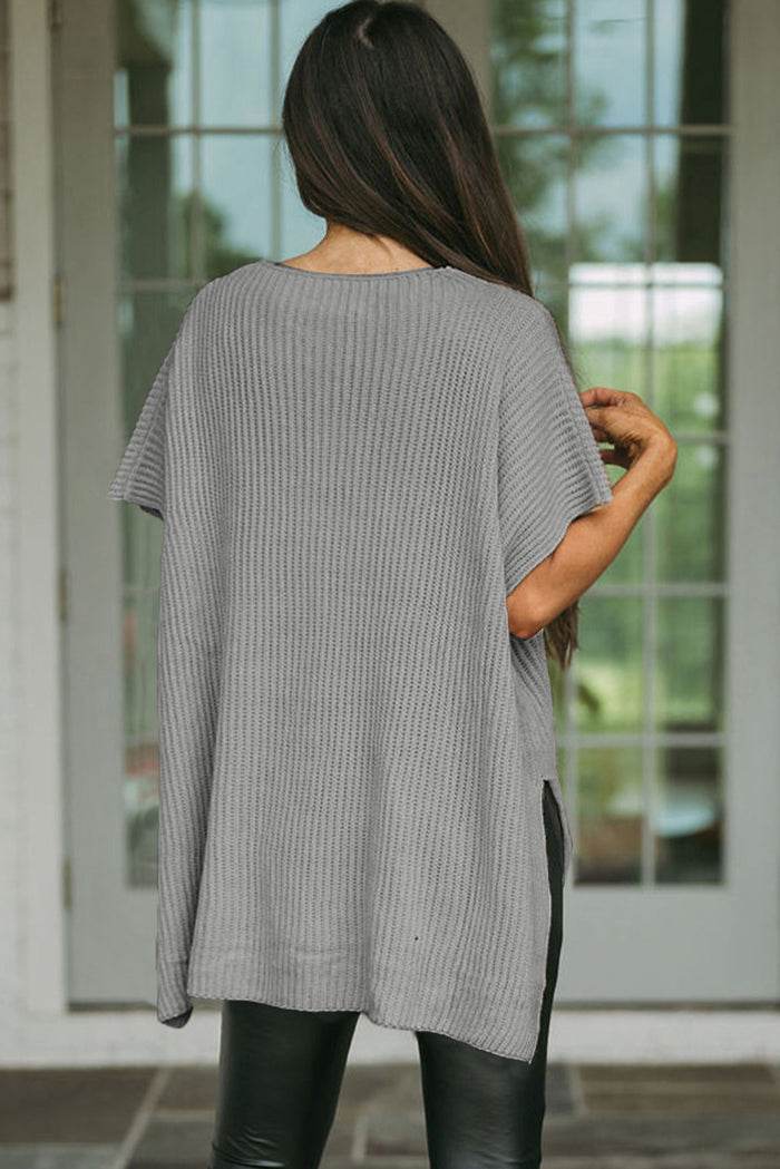 Gray Short Sleeve Side Slit Oversized Sweater