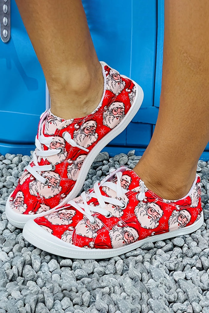 Fiery Red Santa Claus Printed Stitching Detail Flat Shoes