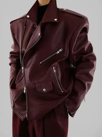 Women Burgundy Leather Double Zipper Motorcycle Jacket Fashion Loose Lapel Long Sleeve Pu Cropped Coats Autumn Female Streetwear