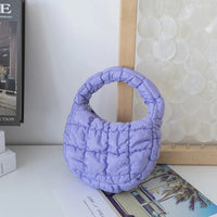 Fashion Mini Puffer Tote Bag Quilted Circle Phone Purse Elegant Purple Soft Nylon Padded Key Pouch Simple Trend Handbag