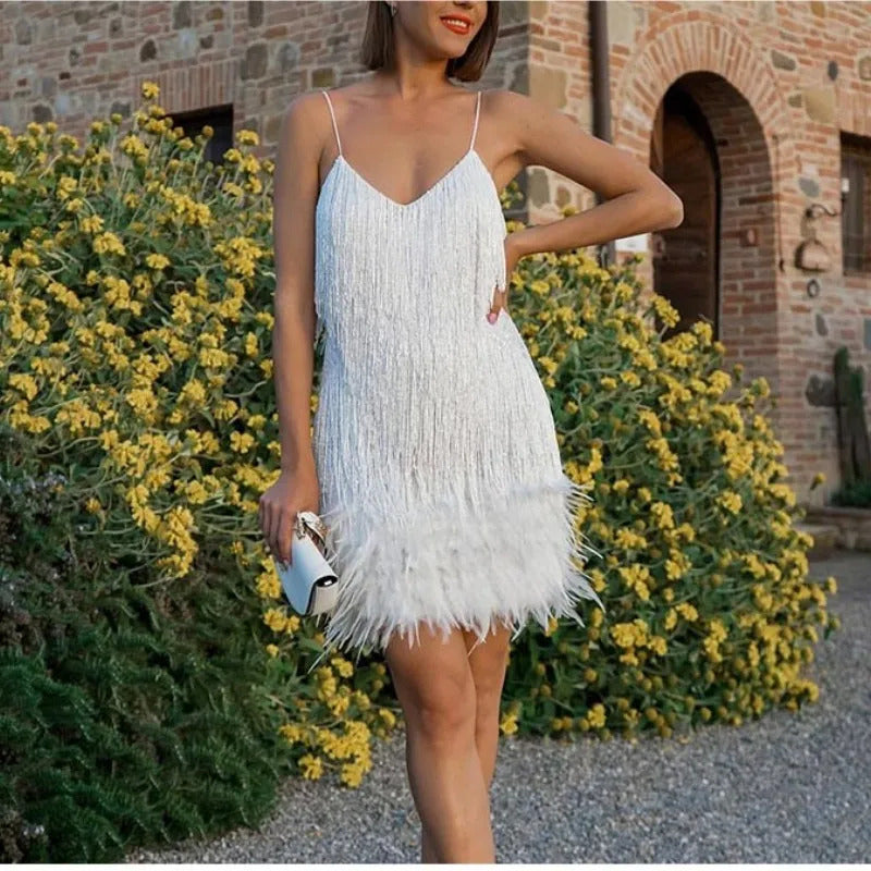 2023 New Sexy Tassel Sequins Feather Mini Dress Women Spaghetti Strap Stitching Dresses Female Elegant Evening Party Club Dress