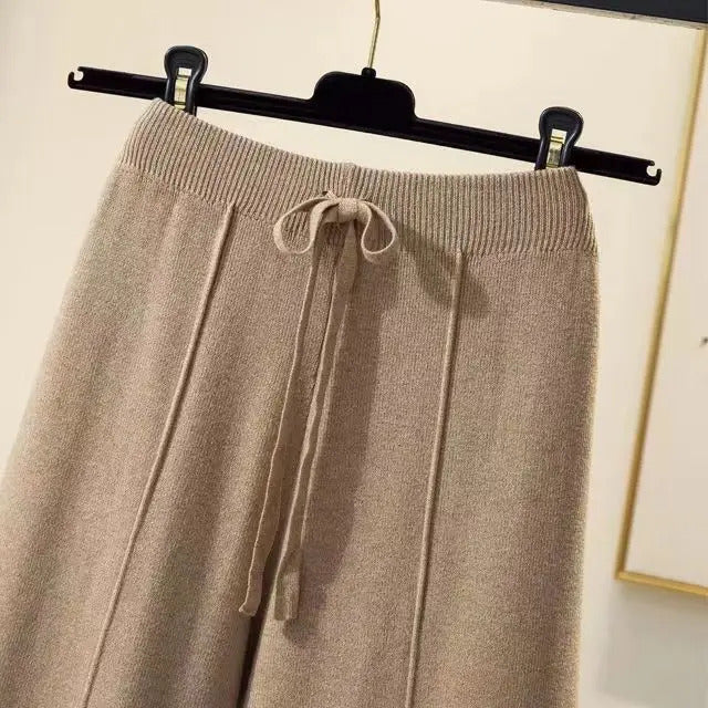 Knitted pants women spring and autumn high waist elastic drape drawstring loose casual mopping pants straight wide leg pants