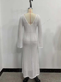 Sexy Women White Long Knit Sleeve Bikin Fashion Cover up Female See-Through Deep V-Neck Hollow-Out Beach Knitwear Backless Dress