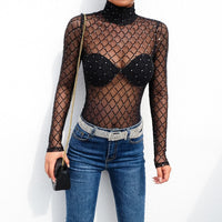 Women Mesh Net Fishnet Bodysuit Slim Long Sleeve Leotard Jumpsuit Tops Beachwear Beading Prespective Mesh Fishnet Cover Up