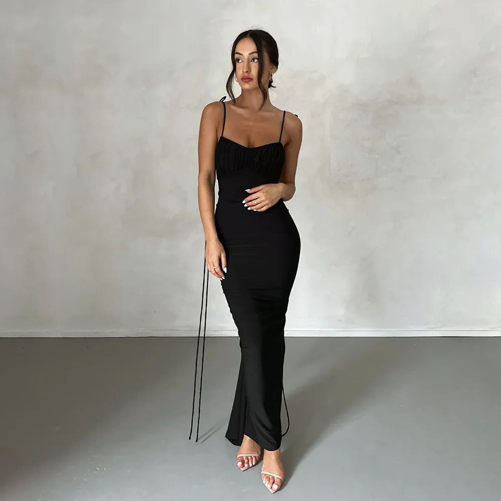 Cryptographic Spaghetti Strap Sexy Backless Maxi Dress Outfits Women Elegant Birthday Vestido Summer Club Party Ruched Dresses