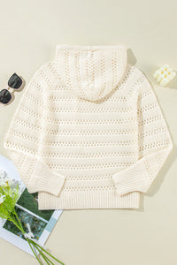 White Pointelle Knit Raglan Sleeve Hooded Sweater