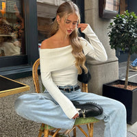 WhereMery Elegant Slash-neck Ribbed Solid Crop Tops Autumn Skinny Off Shoulder Long Sleeve T Shirt French Gentle Tight T-shirts