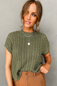 Jungle Green Crew Neck Cable Knit Short Sleeve Sweater