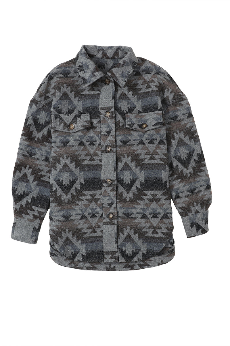 Gray Western Aztec Print Drop Shoulder Casual Shacket