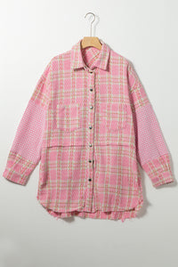 Pink Plus Size Tweed Plaid Houndstooth Print Jacket